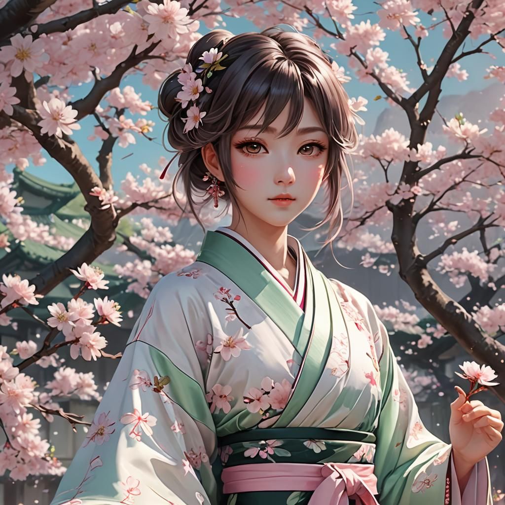 Anime Character in Kimono with Cherry Blossoms