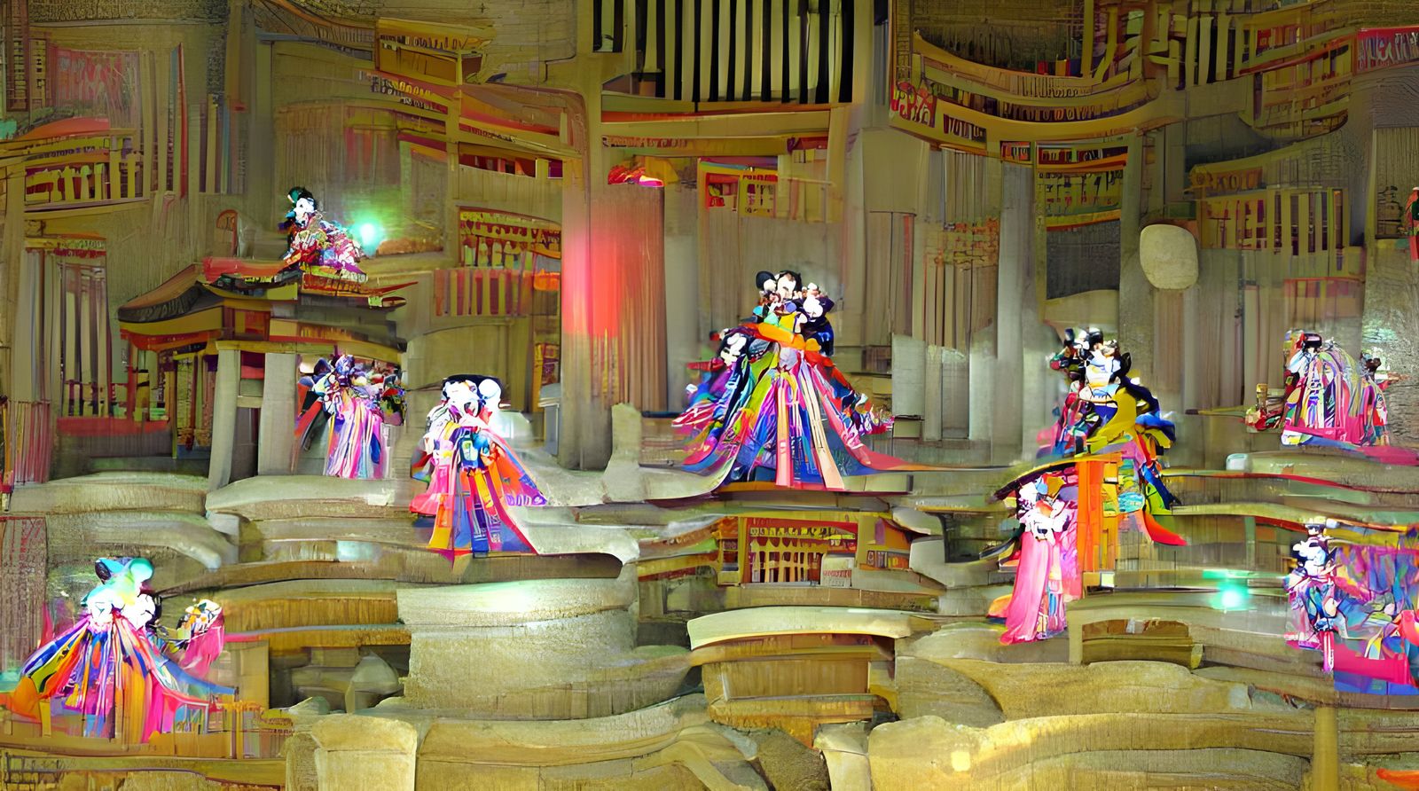 Geishas Dance in Glittering Temple with Glowing Fans
