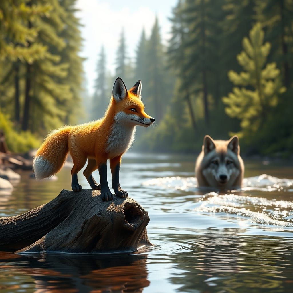 A Young Fox Faces Off with a Majestic Gray Wolf in a Summer ...