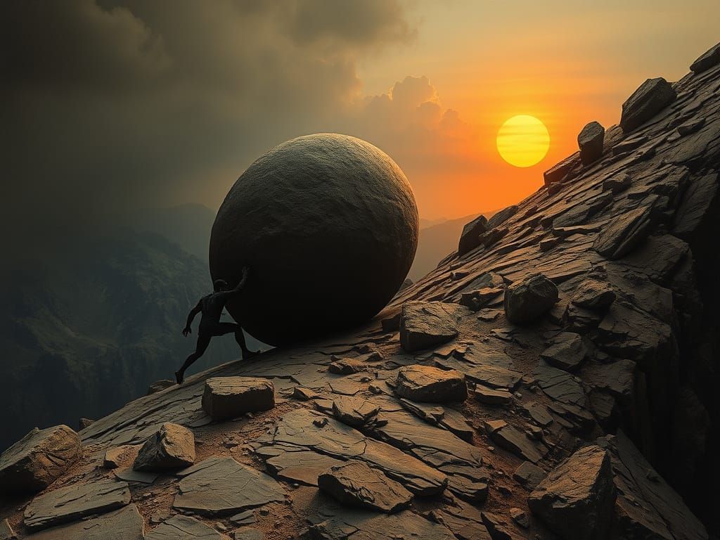 Sisyphus in a Dramatic, Surreal Landscape