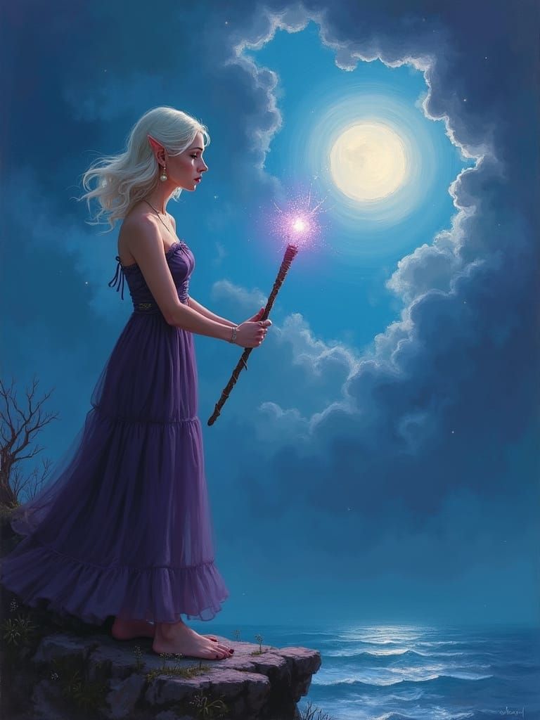 Elf Sorceress on Windswept Cliff at Night, Impressionist Pai...
