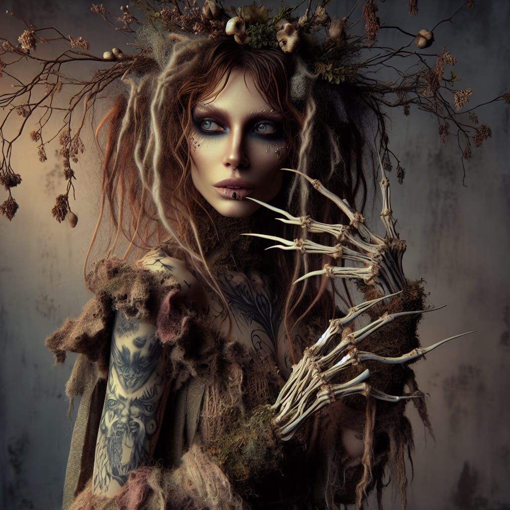 Ethereal Forest Witch Portrait in Surreal Baroque Style