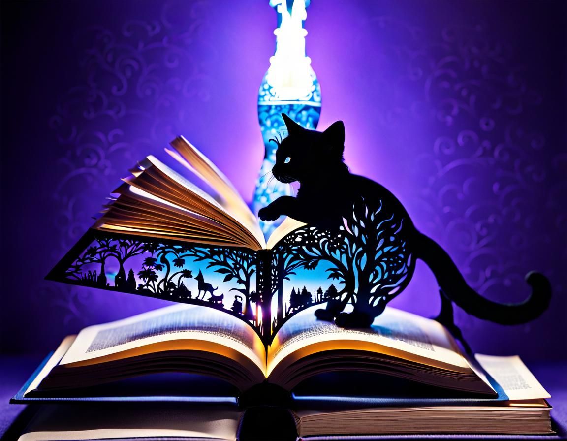 Intricate Silhouette of Kitten Reading with Lava Lamp
