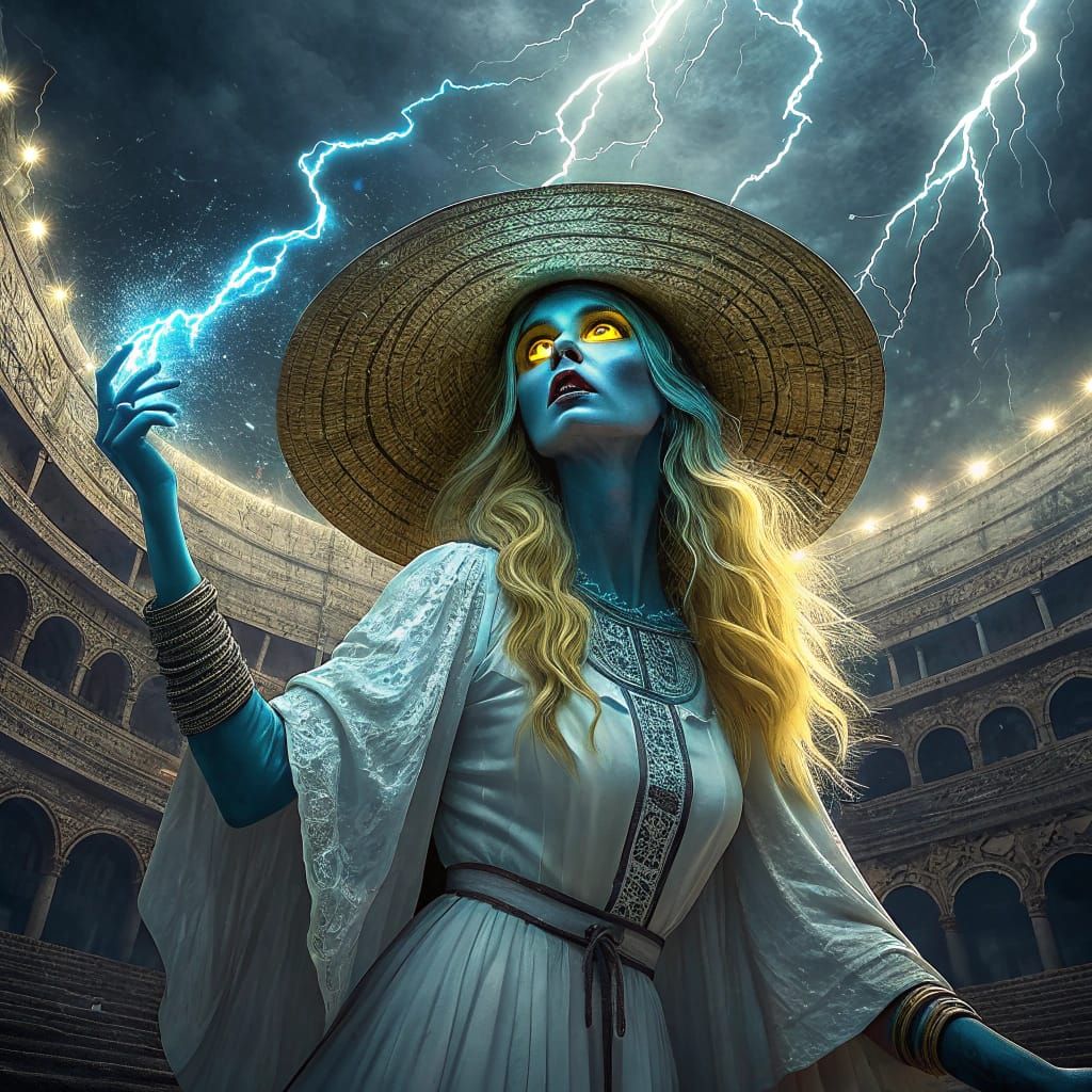 Mystical Blue Woman Conjures Lightning in Ancient Arena