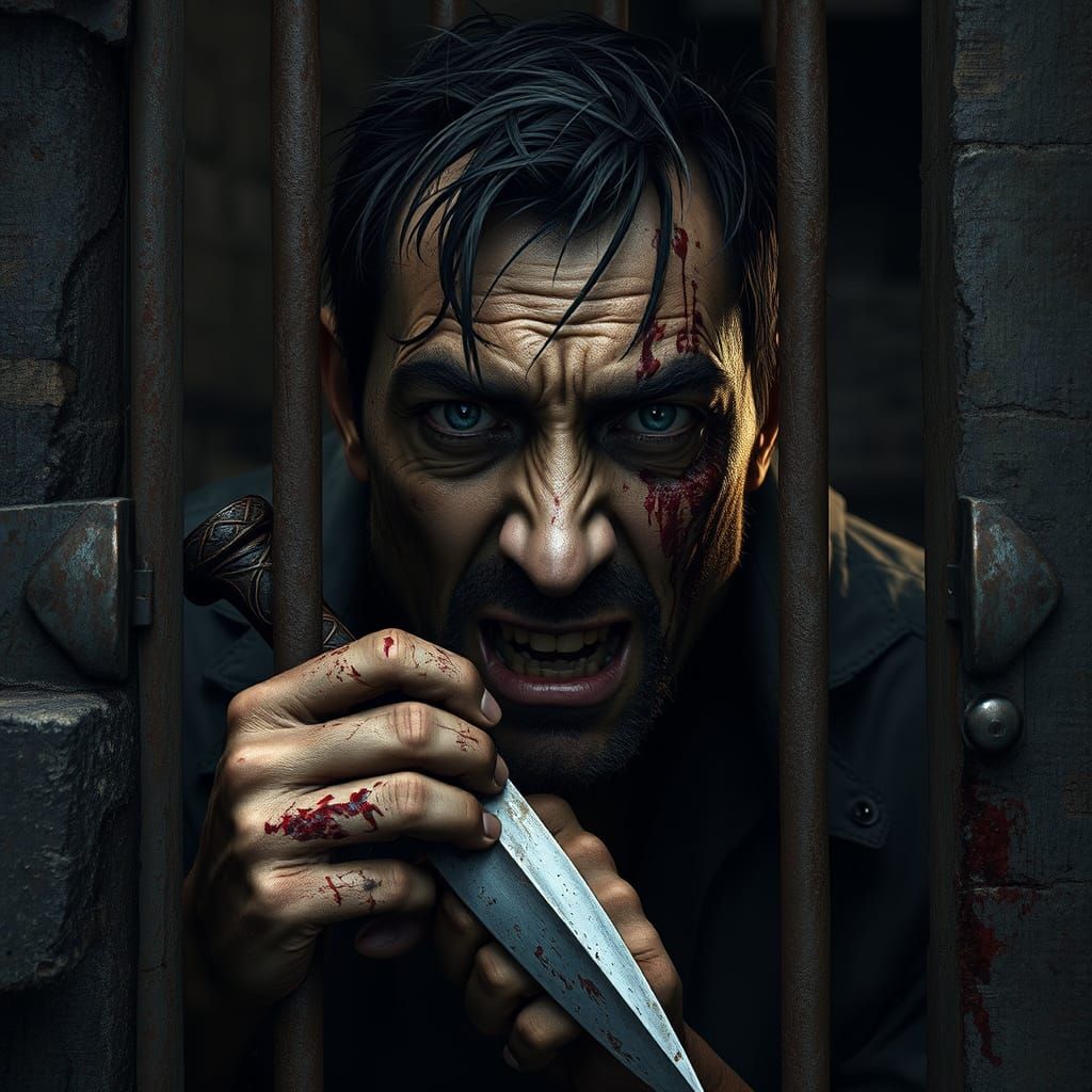 Grim Prison Cell with Bloodied Prisoner and Shiv