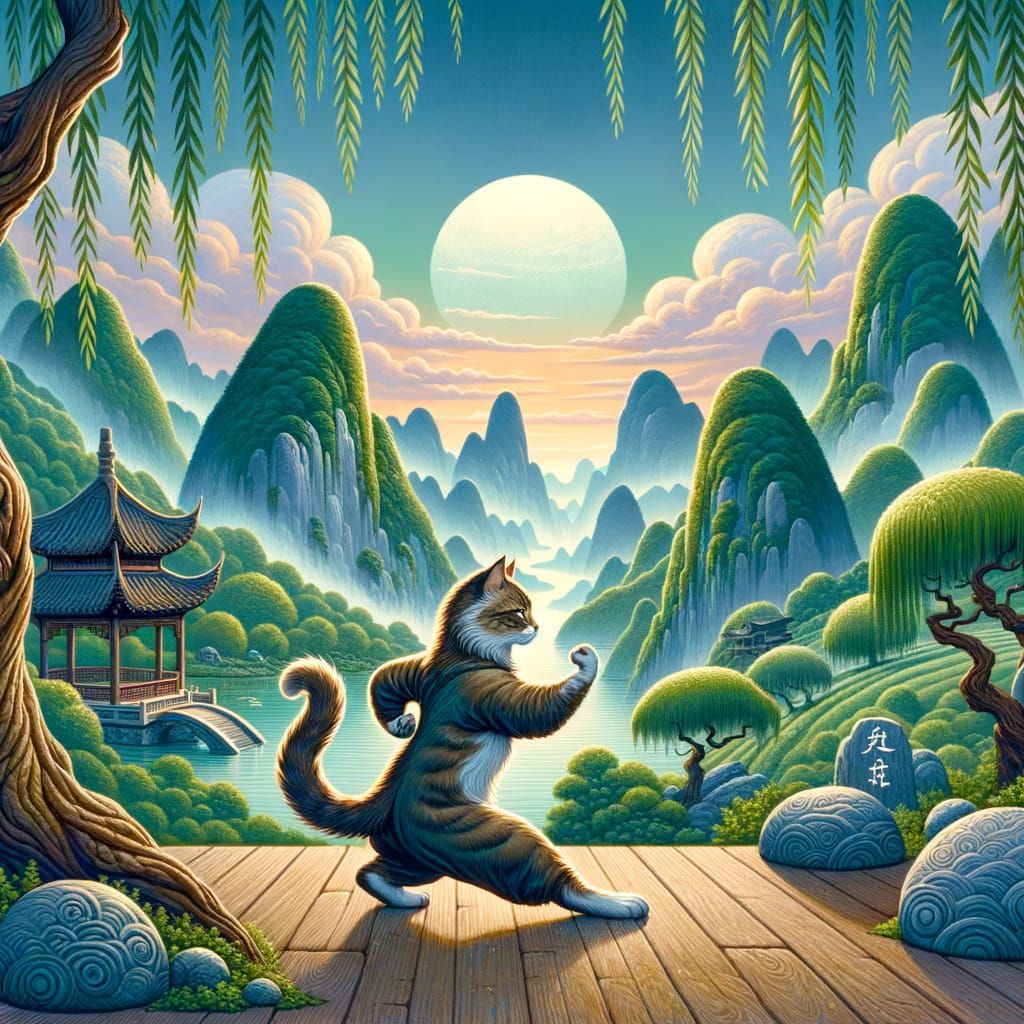 Feline Tai Chi Master in Chinese Landscape