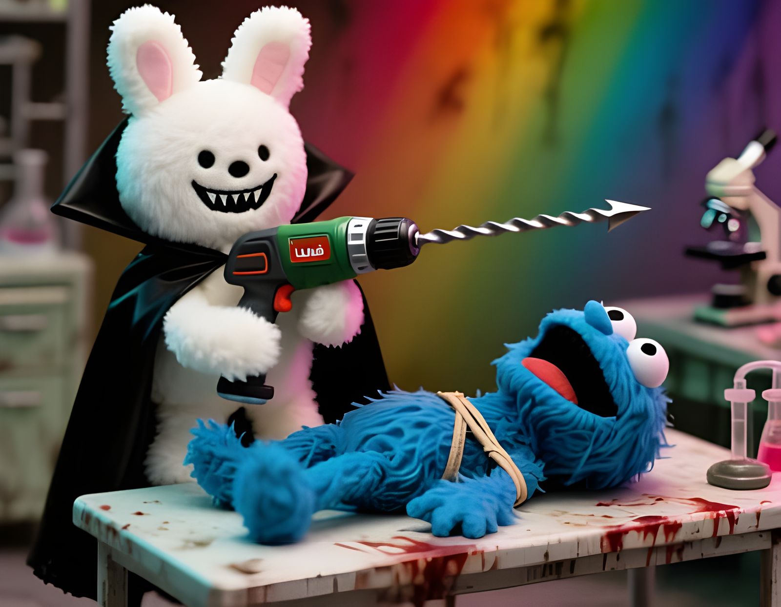Horror Parody: Fluffy Labubu Toy Holds Drill to Muppet