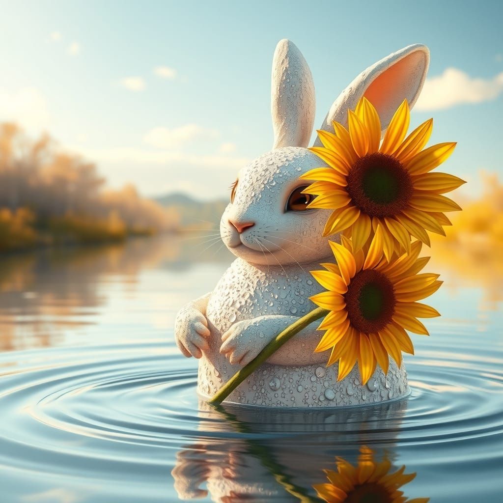 Surreal Water Rabbit Emerges from Silver River in 3D Anime S...