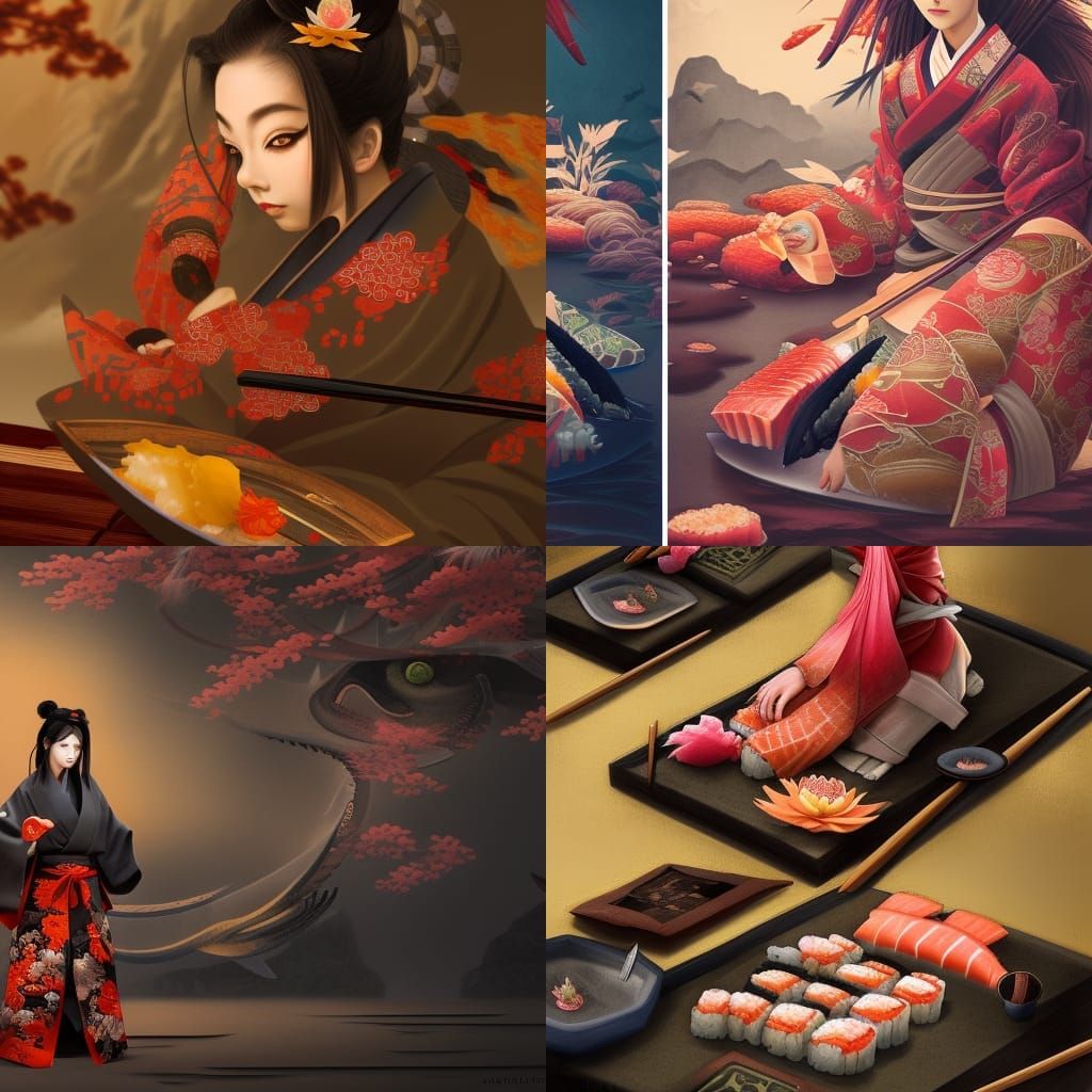 Ancient Ninja Serving Sushi to Woman in Kimono