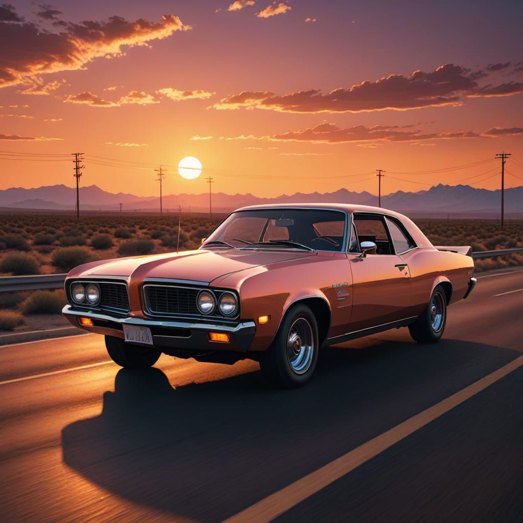 Retro Futuristic 1970s Studebaker Cruising Sunset Highway