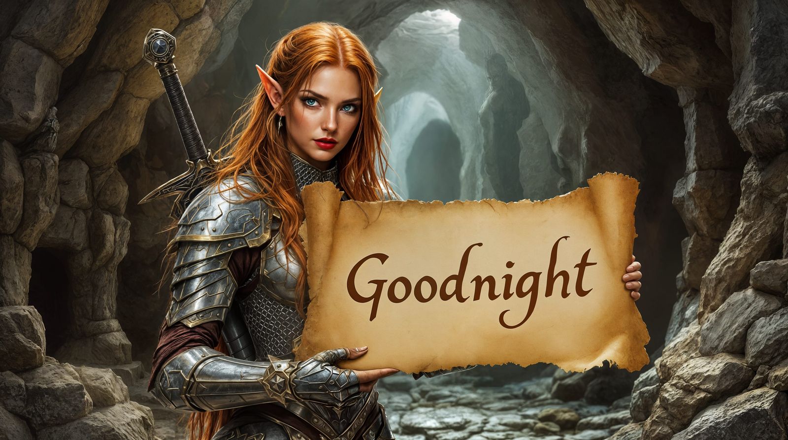 Elven Warrior Saying Goodnight in Fantasy City