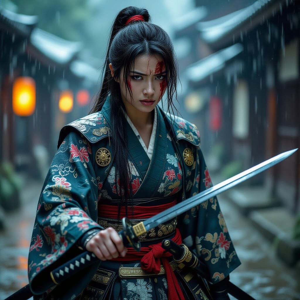 Furious Samurai Woman in Rain as Film Still