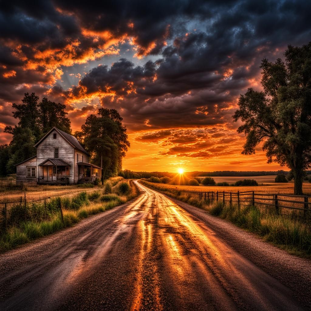 Country Road Sunset in Hyperrealistic Style