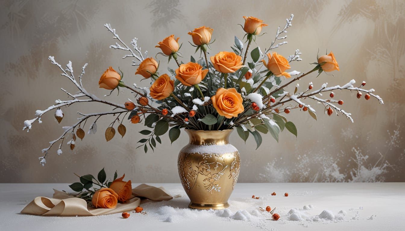 Floral Bouquet in Fragmented Vase, Botanical Illustration