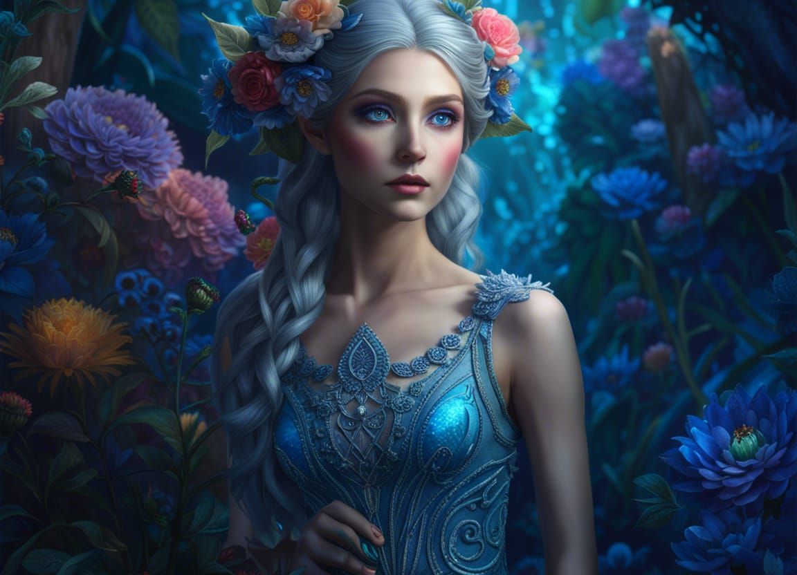 Beautiful Elf in Indigo Garden, Digital Art