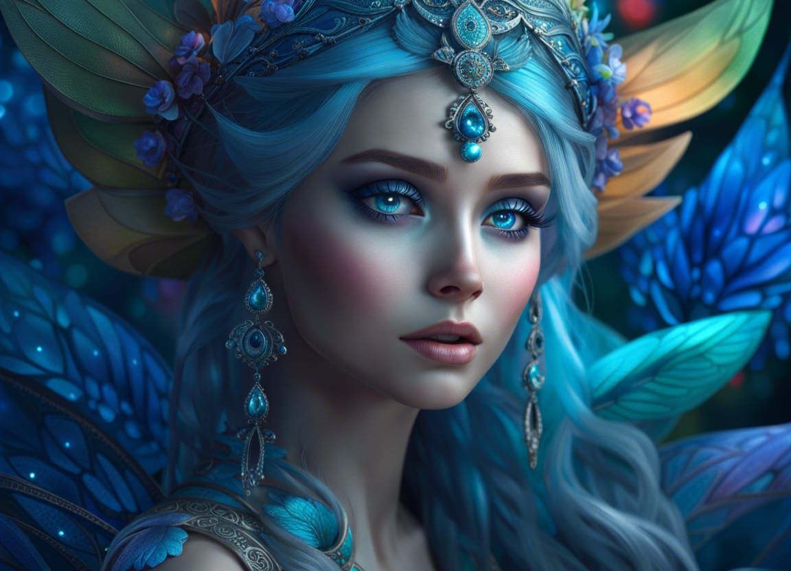 Beautiful Elf in Indigo Garden: Digital Photograph