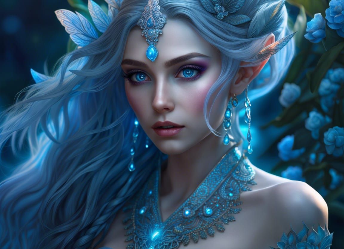 Beautiful Elf in Indigo Garden, Digital Art