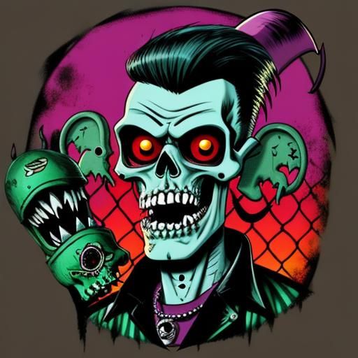 Psychobilly Punk Skull in Retro Horror Style