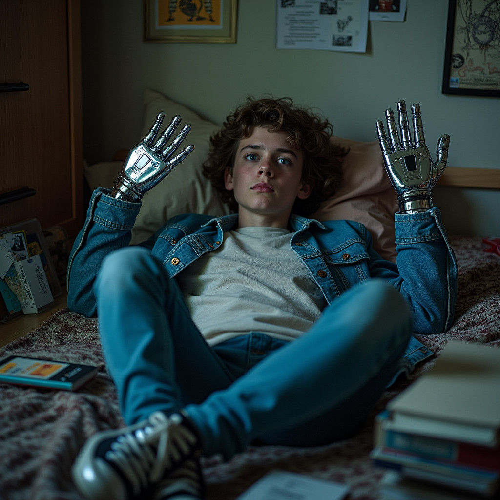 Robot Awakening in Cyberpunk Bedroom