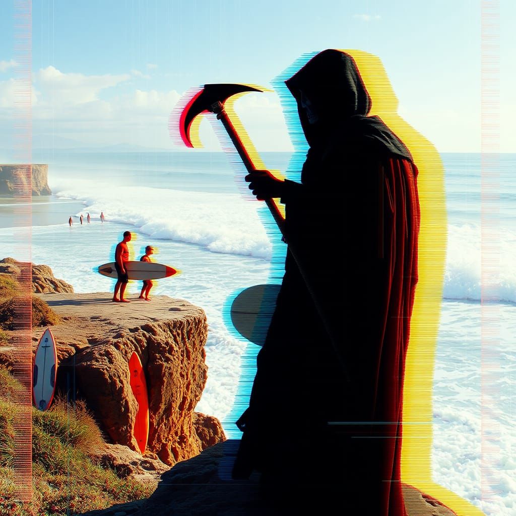 Grim Reaper watching surfers from a beachside cliff,