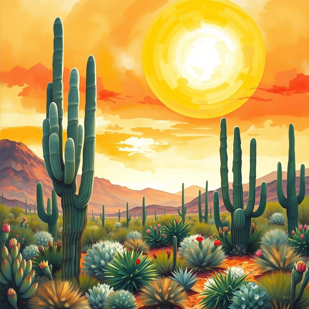 Desert Cacti in Gouache and Watercolor Style