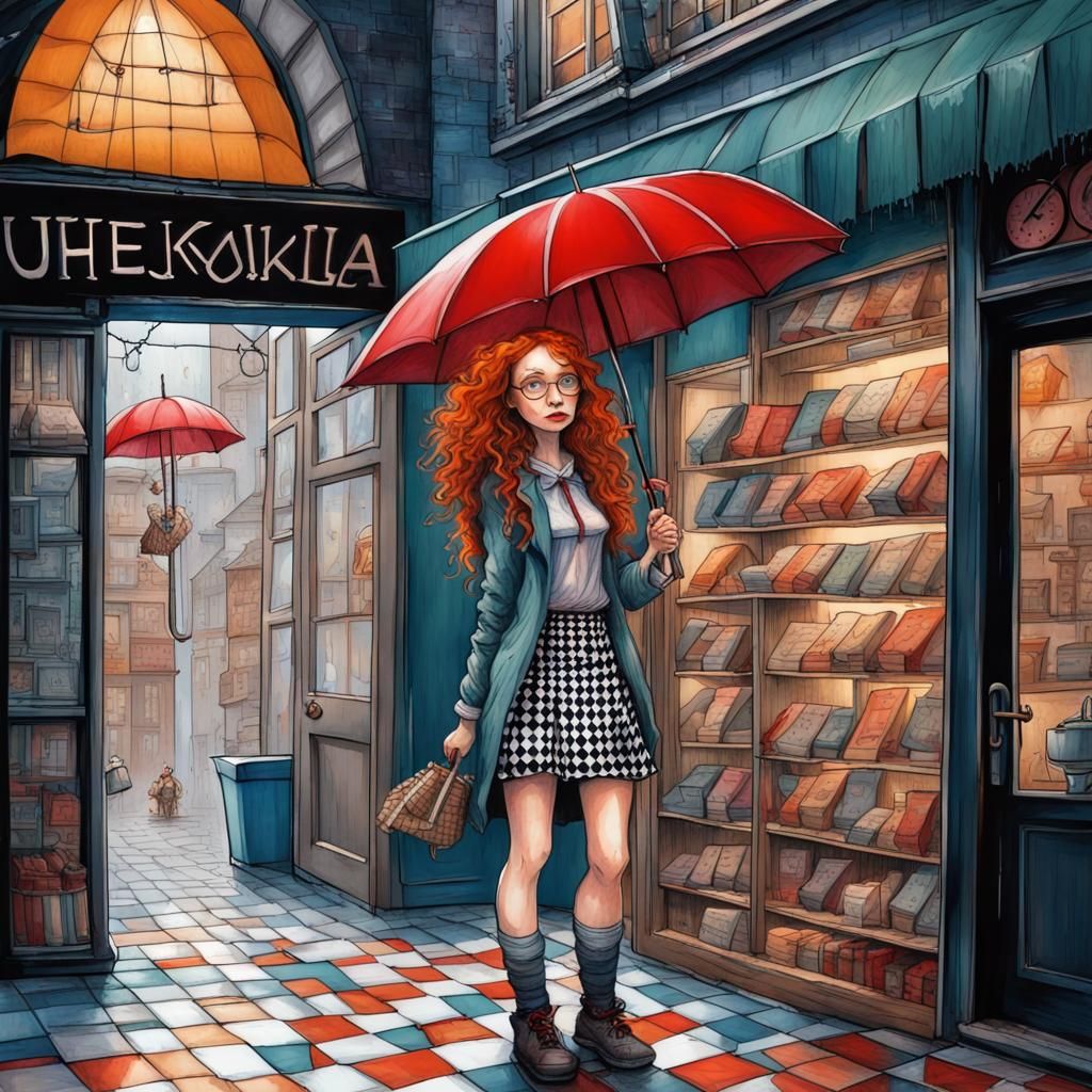 Redhead in Magic Shop, Whimsical Ink Art