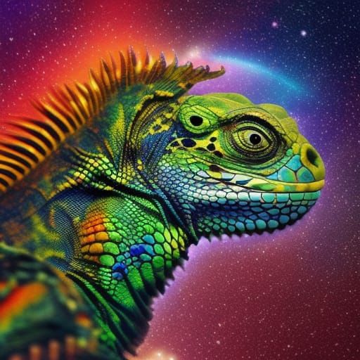 Rainbow Iguana with Galaxy Background: Digital Painting