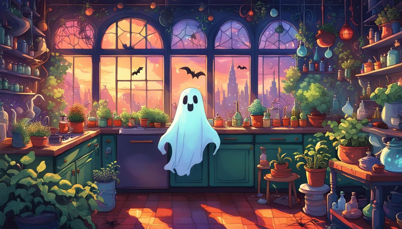 Happy Ghost in Whimsical Anime Kitchen