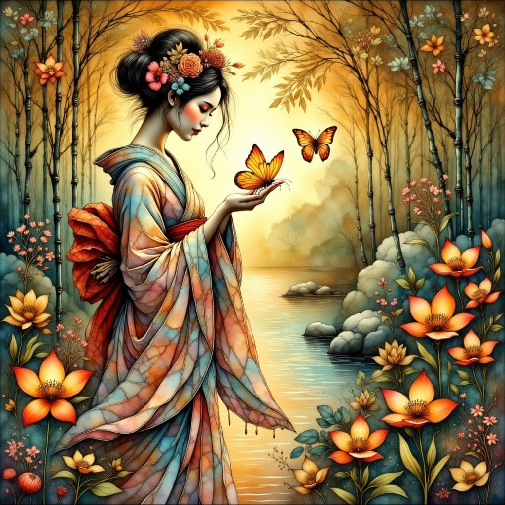 Geisha Fairy in Bamboo Forest, Watercolor Style
