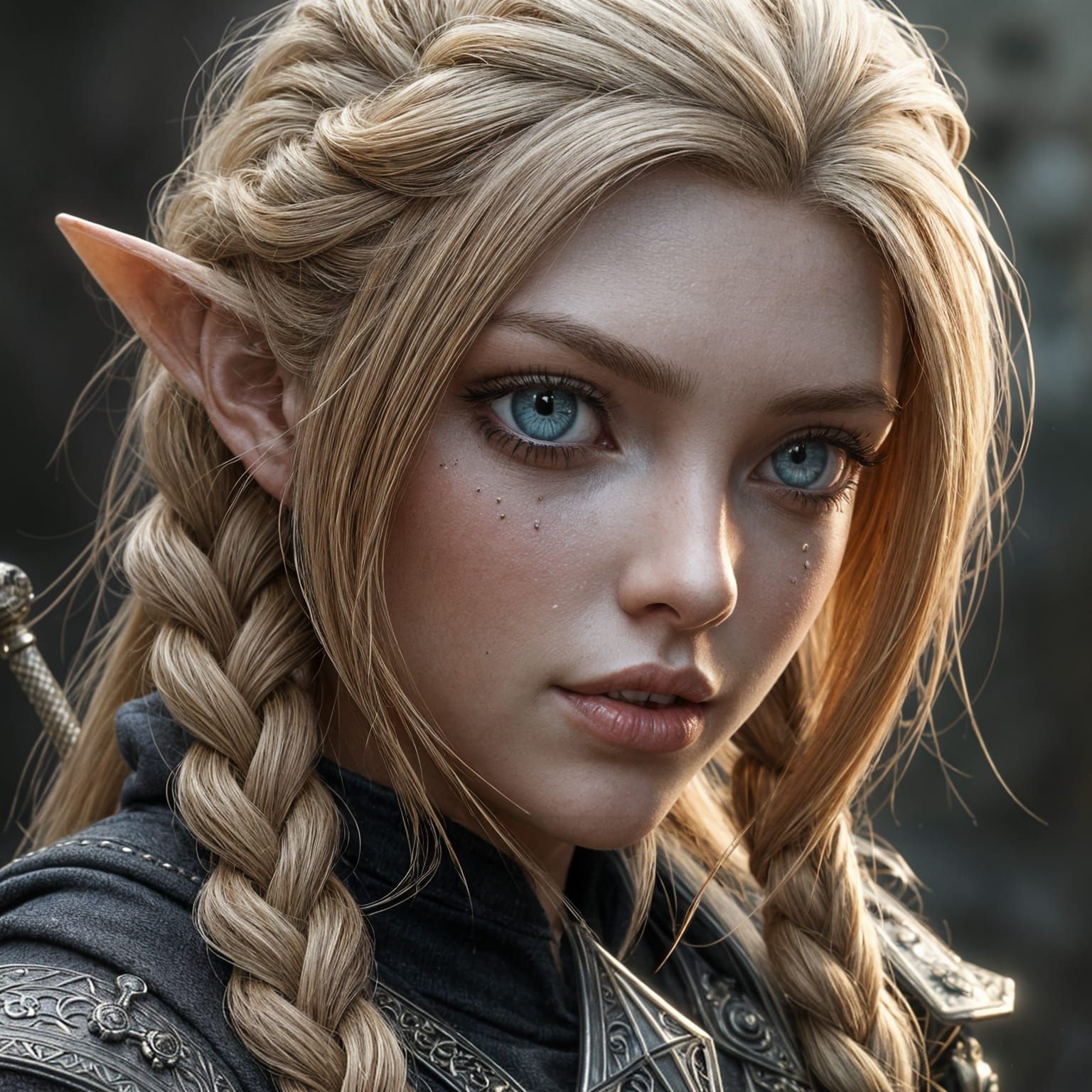 hyperdetailed photo, braided blonde haired medieval female warlock elf, intricate details, By artist "anime", 3d anime a...
