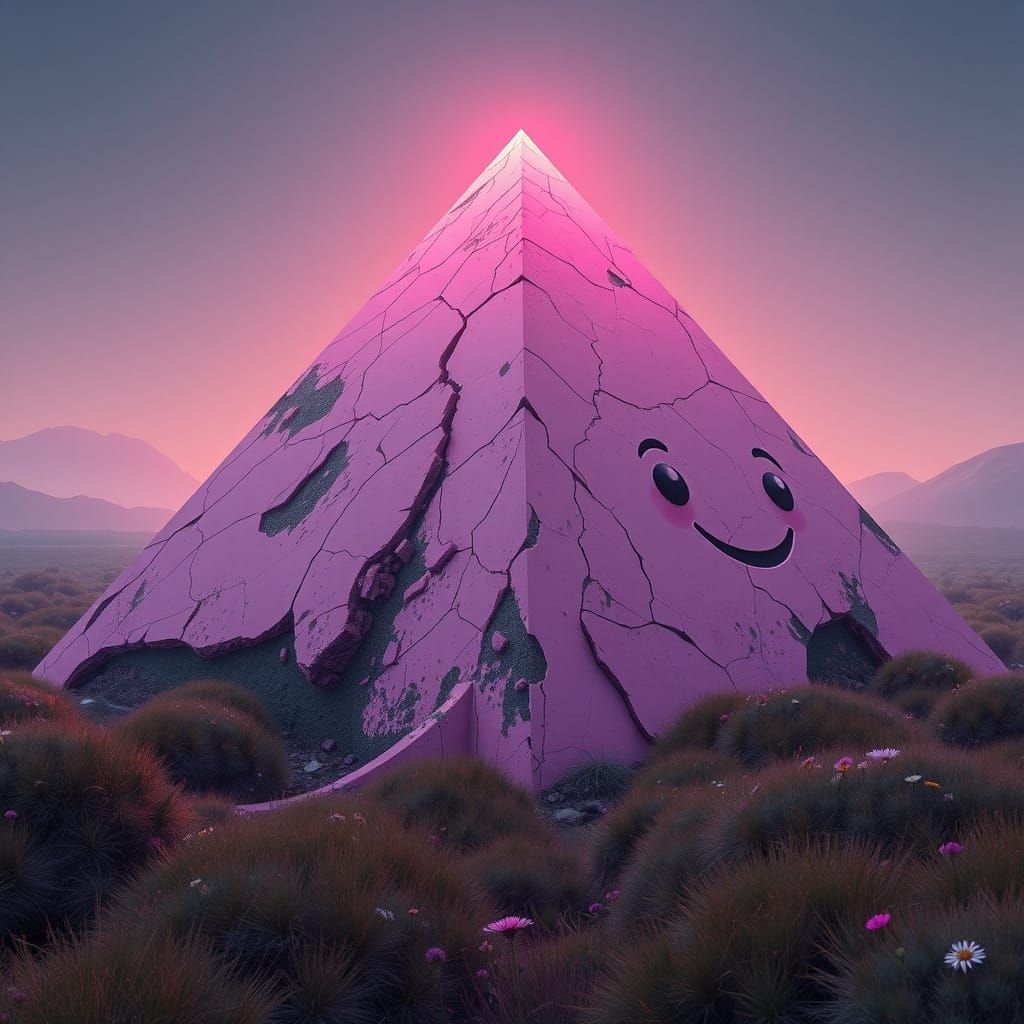 Dystopian Pink Pyramid with Smiling Face