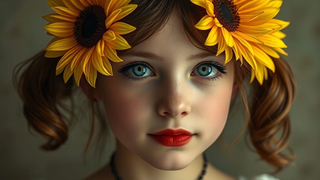 Ethereal Portrait with Sunflowers in Pre-Raphaelite Style