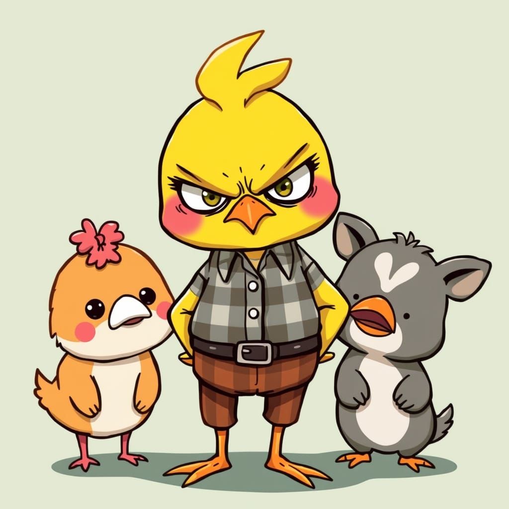 Grumpy chick wearing an awkward outfit glares at her chibi a...