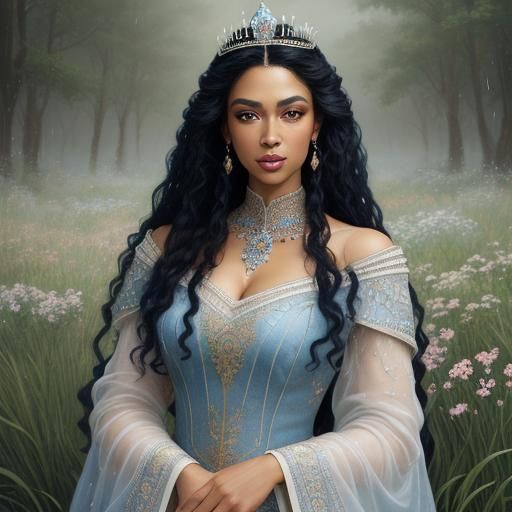 Ethereal Biracial Princess in Rain, Oil Painting