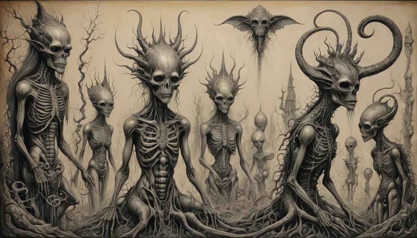 Surreal Fantasy Dance of Skeletons in Psychedelic Universe