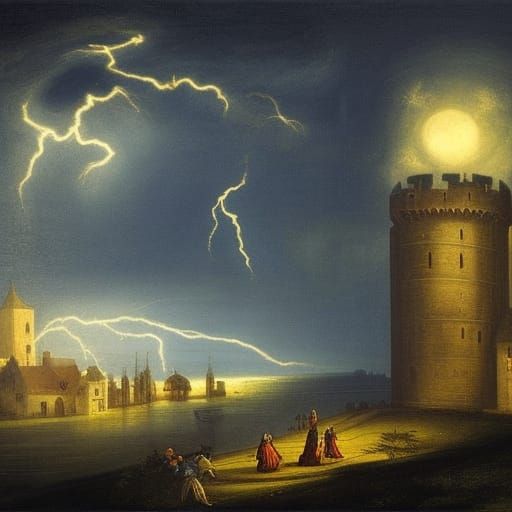 Medieval Castle Under Thunderstorm in Baroque Gothic Art