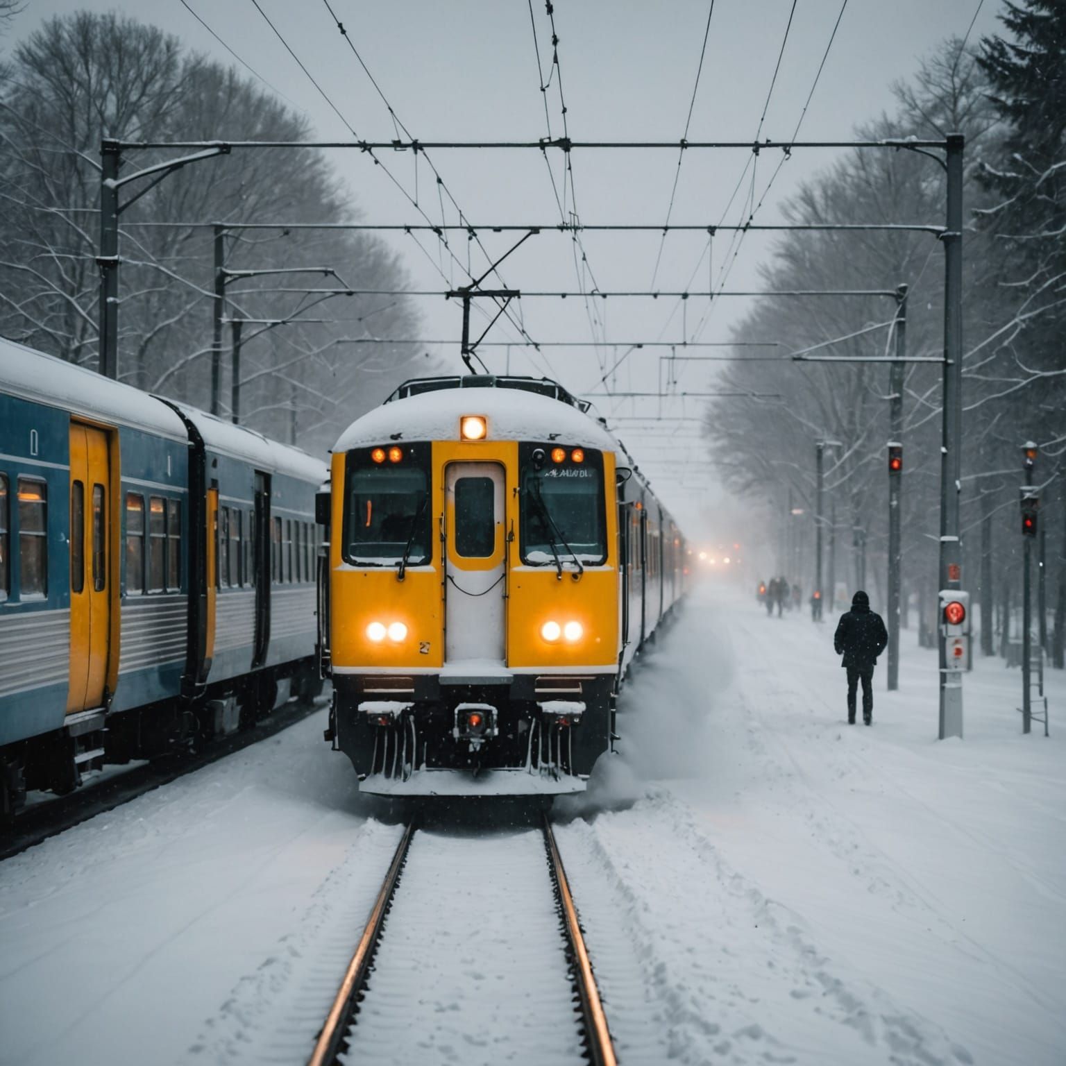 Winter Train Journey Through Blizzard with Warm Interior Lig...