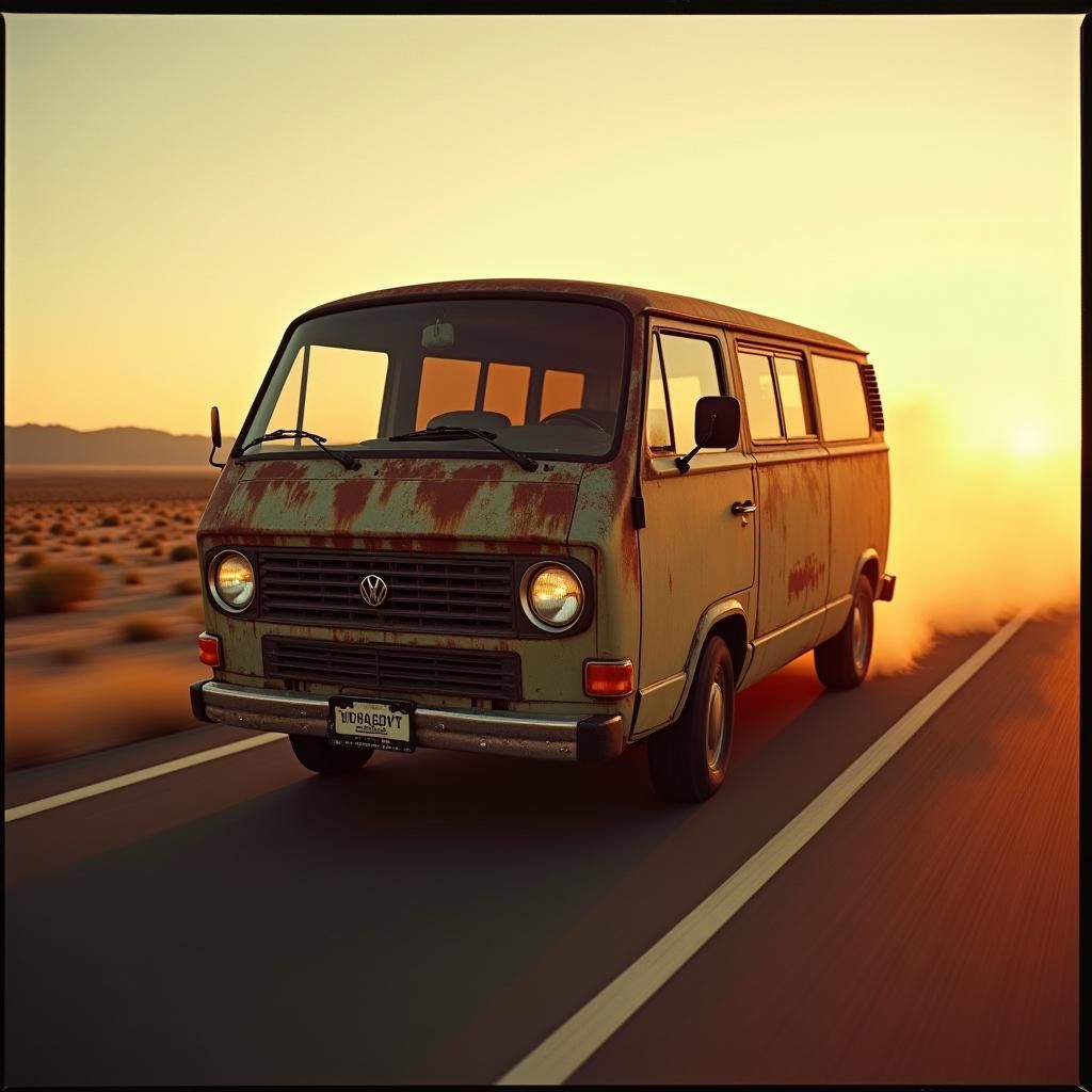Vintage Van Races into the Sunset: Cinematic 35mm Style