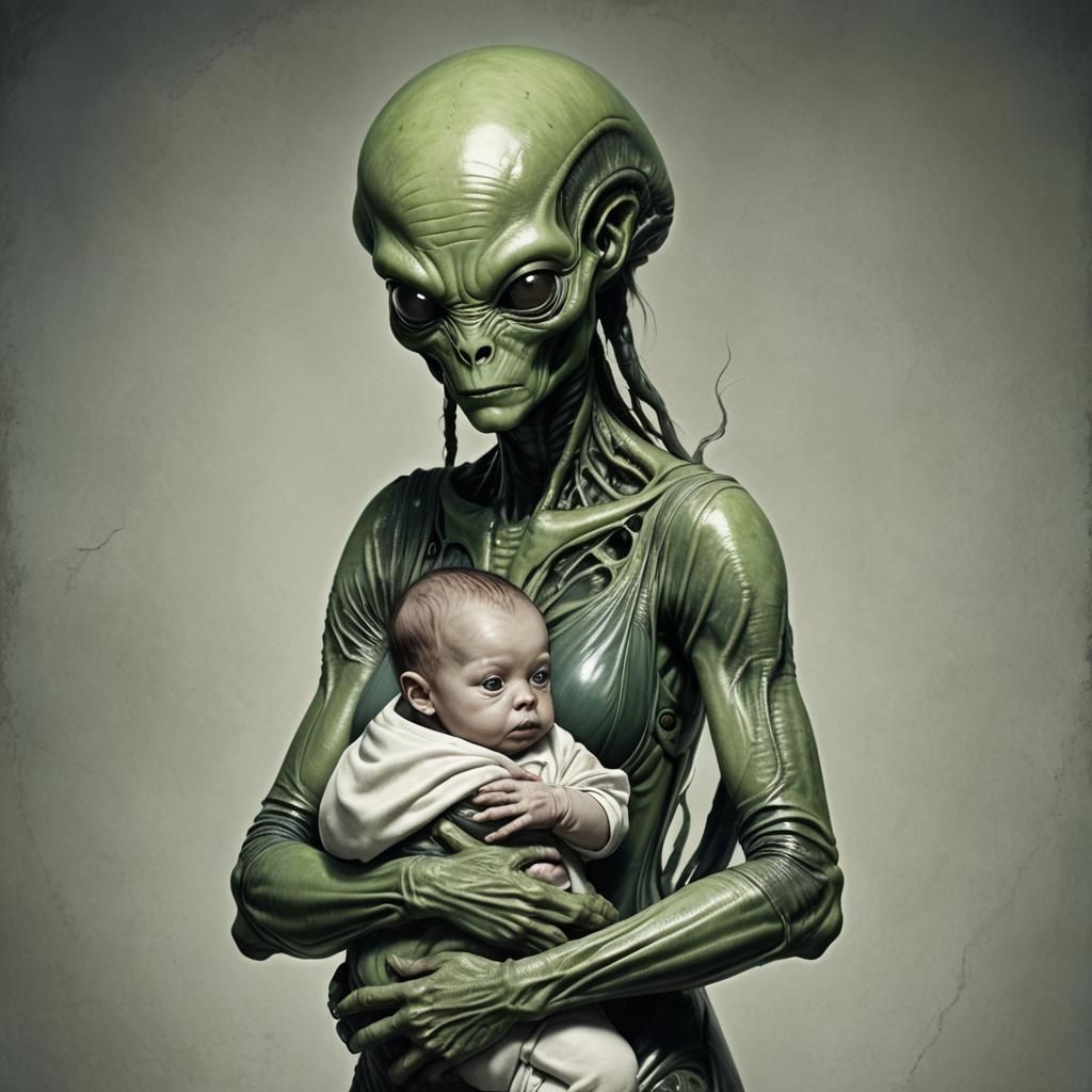 Alien mother holding a baby