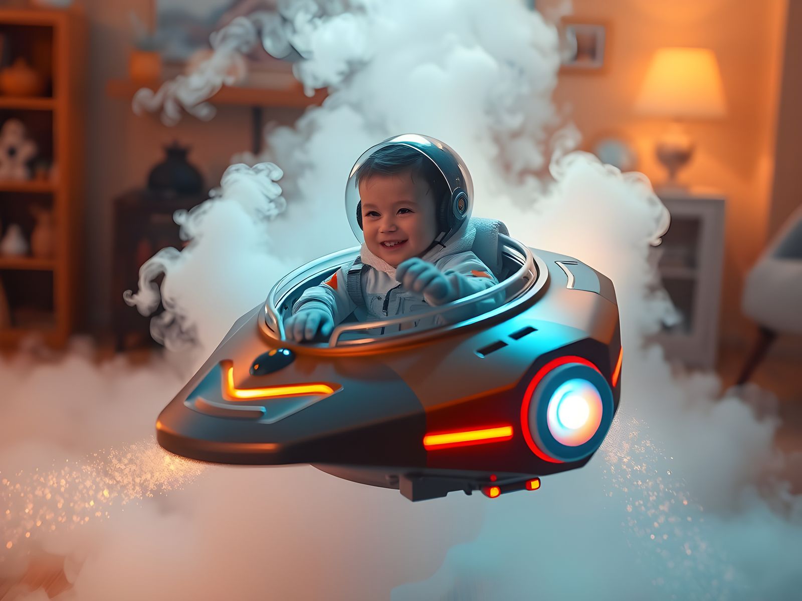 Child's Futuristic Spaceship Ride in Ethereal Mist