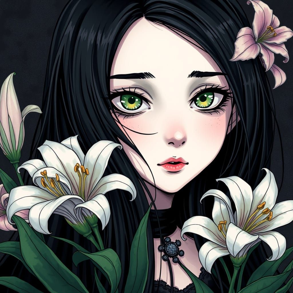 Emo Goth Lily Flower Girl in a Moody, Mystical Atmosphere