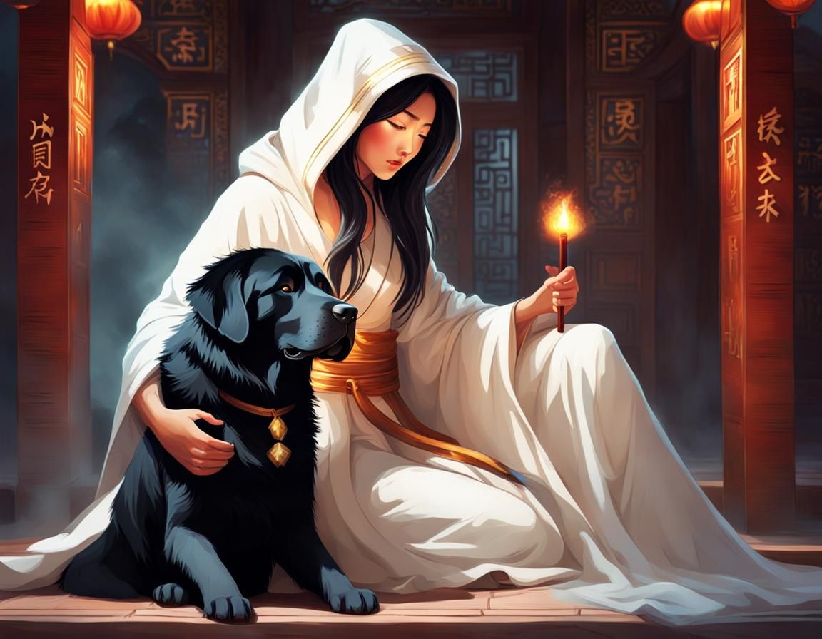 Chinese Sorceress Healing Tibetan Mastiff with Magic