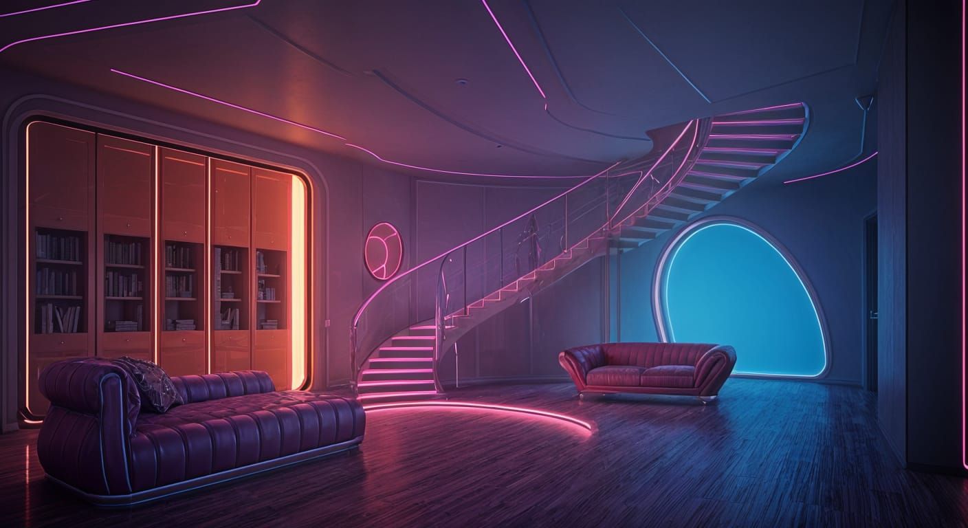 Space Age Bedroom with Dynamic Stairway in Vivid Colors