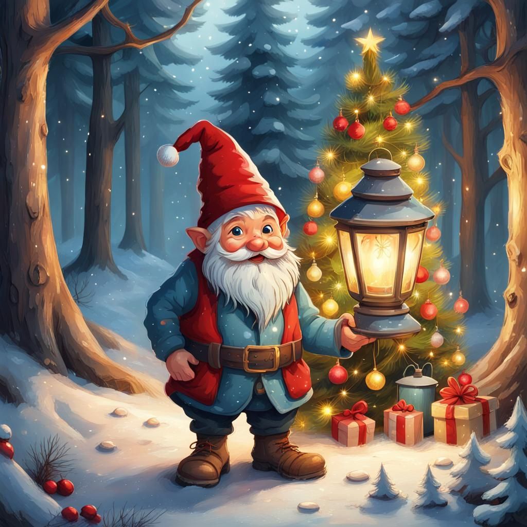 Christmas Gnome in Snowy Woods Illustration