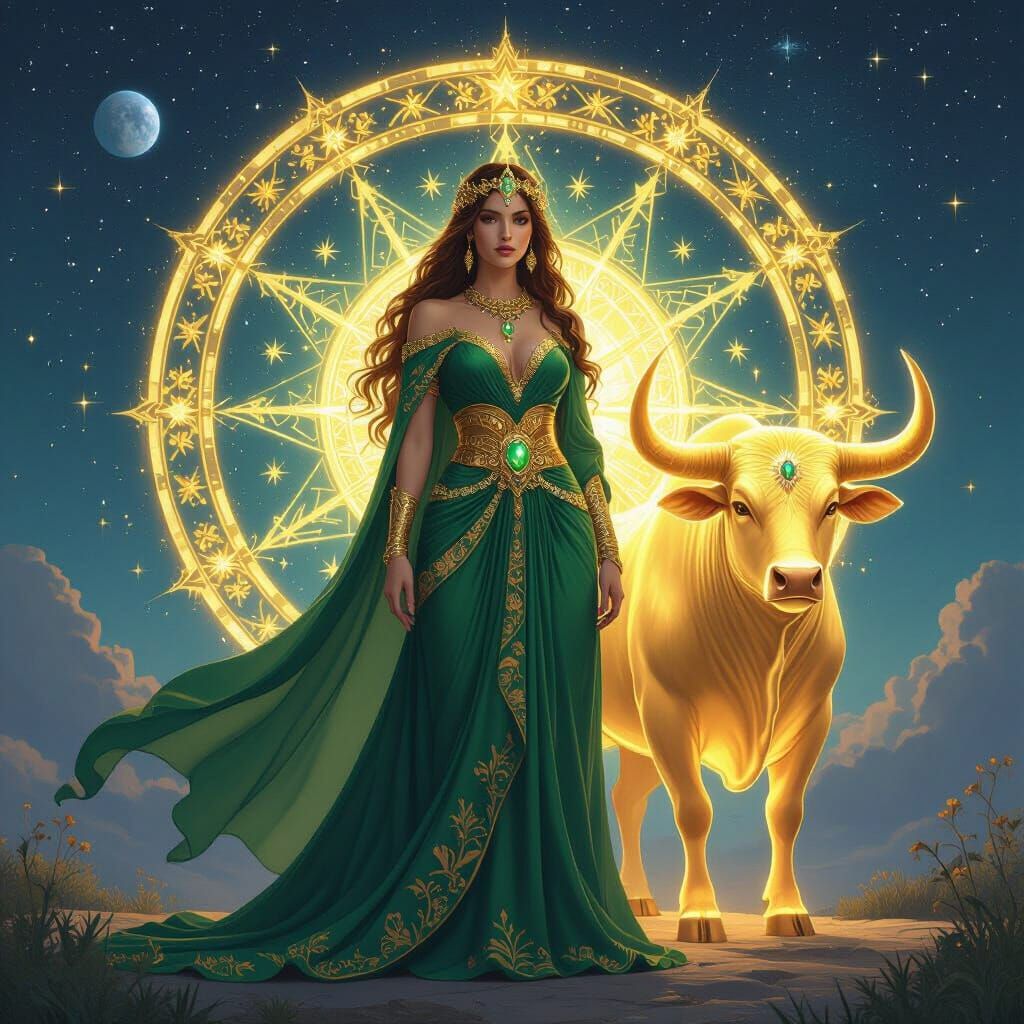 Taurus Zodiac Goddess with Cosmic Wheel in Fantasy Art Style