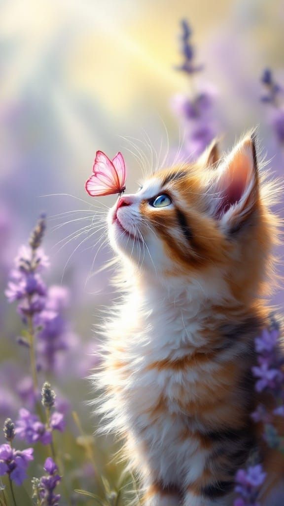 Adorable Calico Kitten with Butterfly in Oil Painting