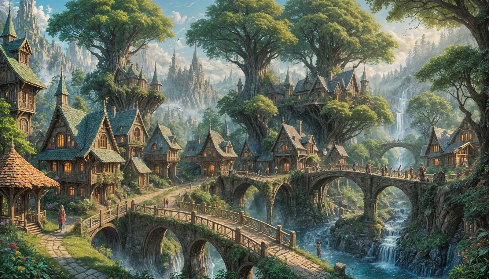 Ethereal Elven City in Forest: Fantasy Painting