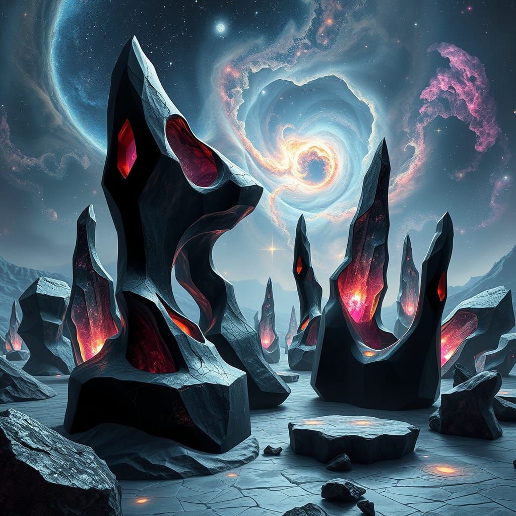 Surreal Obsidian and Crystal Sculpture Garden in Ethereal Ne...