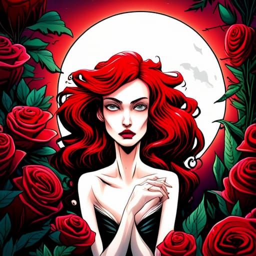 Gothic Horror Princess in Rose Garden, Comic Book Art