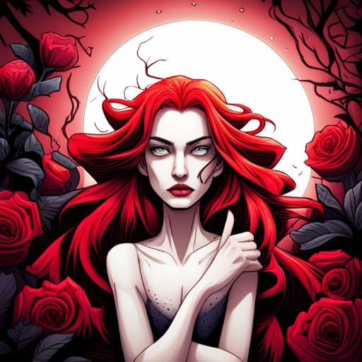 Gothic Crimson-Haired Princess in Rose Garden